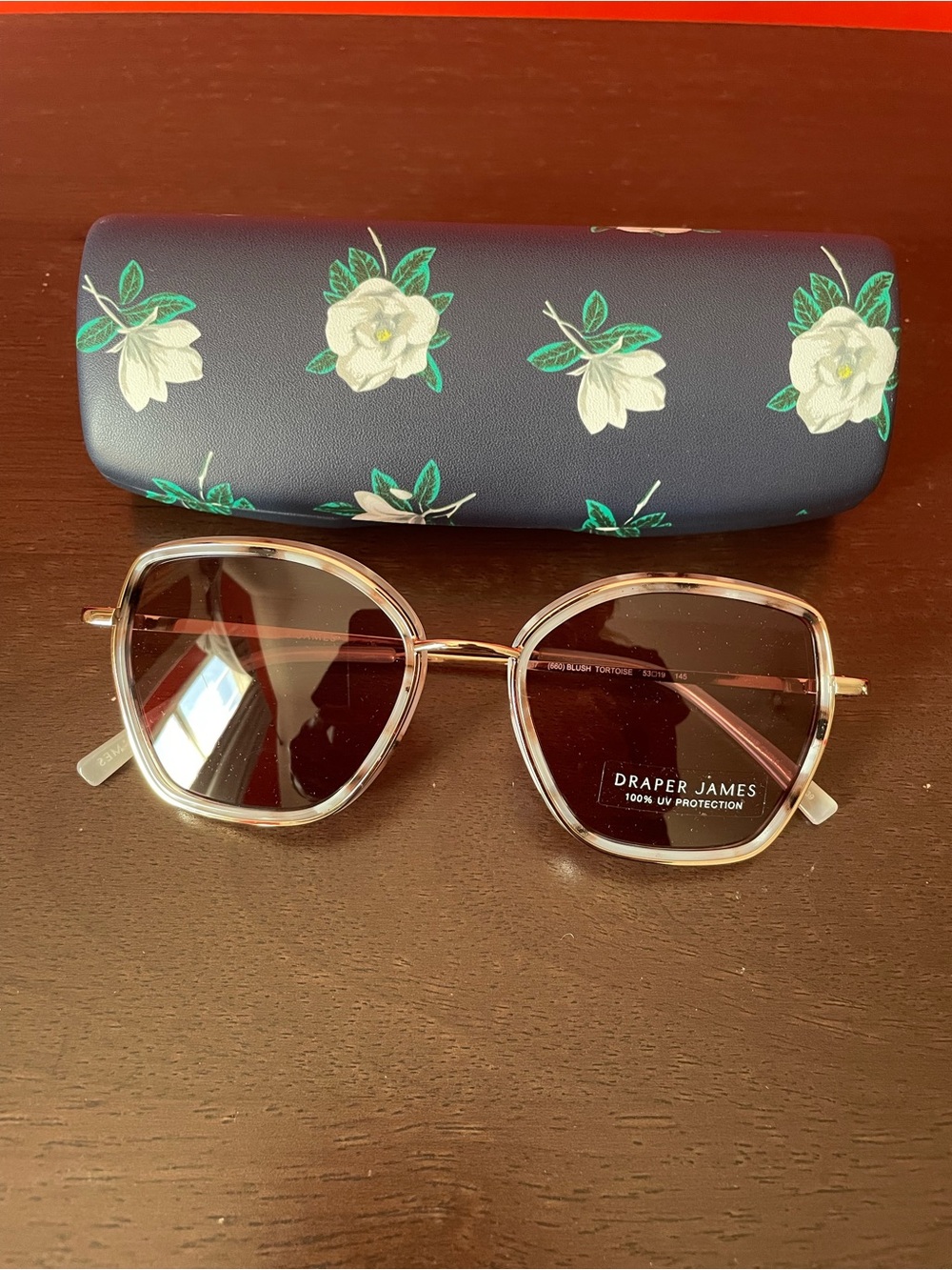 Draper James Rose Gold Frame Tortoise Sunglasses with Navy Floral Case